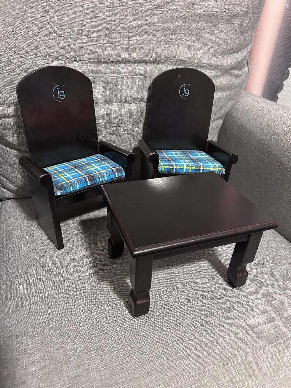 Journey Girls Wooden Doll Table and Chairs Set with Blue Plaid Cushions